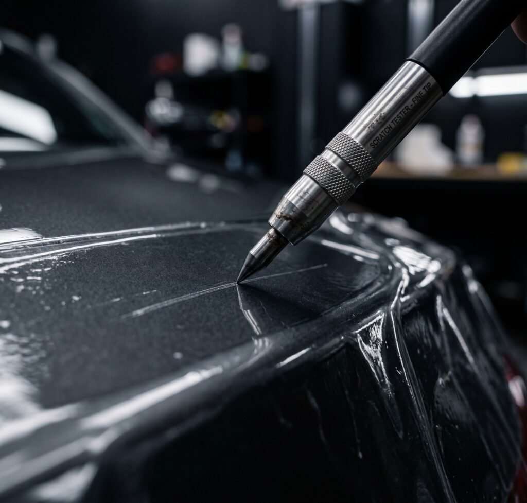 Close-up of surface resistance testing on PPF film